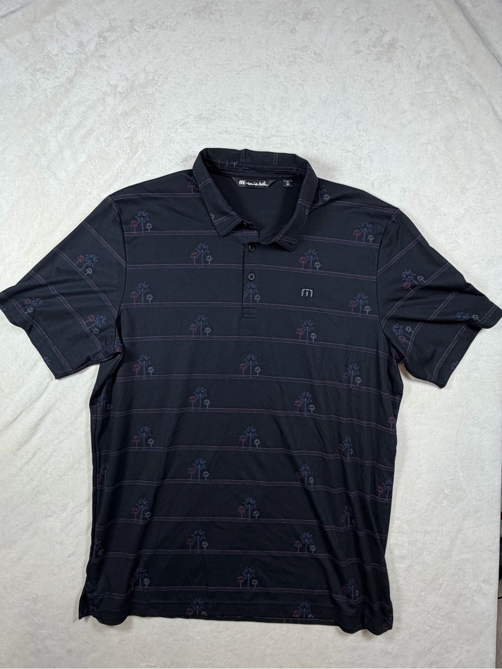 Travis Mathew XL Black Golf Polo with Subtle Navy & Maroon Palm Print